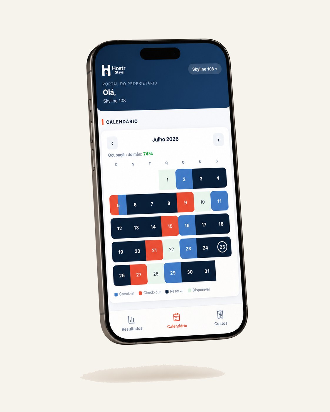 Tela de calendário do portal do proprietário Hostr, mostrando as reservas do mês