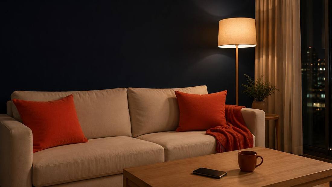 Sala de estar montada para Airbnb, com parede navy e almofadas coral